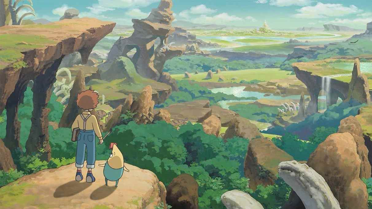 Une image d'une cinématique de Ni no Kuni, montrant le protagoniste regardant un paysage.