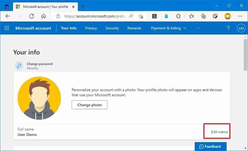 Bouton de modification du nom du compte Microsoft