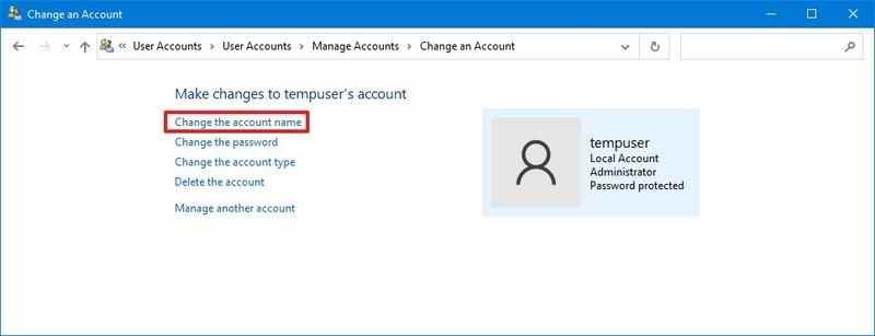 Panneau de configuration Windows 10 changer le nom du compte