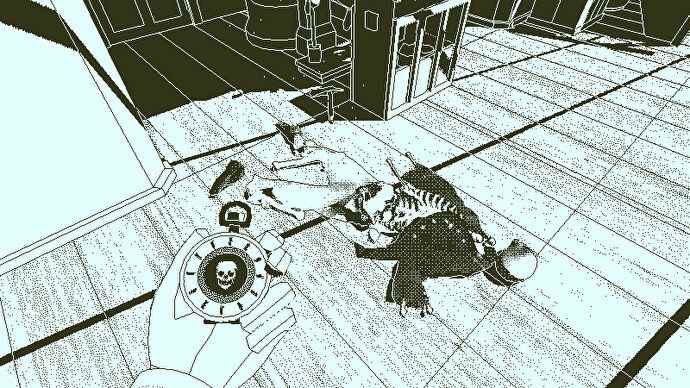 Regarder un squelette dans une capture d'écran de Return of the Obra Dinn.