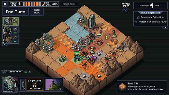 Les mechs combattent les bugs dans une capture d'écran Into The Breach.