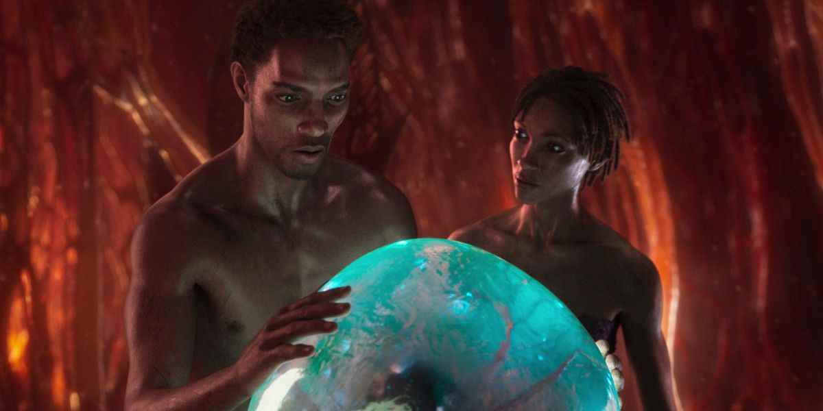 deux scientifiques regardant un orbe, sur le point d'avoir des relations sexuelles dans un arc fluide extraterrestre chicka bow wow