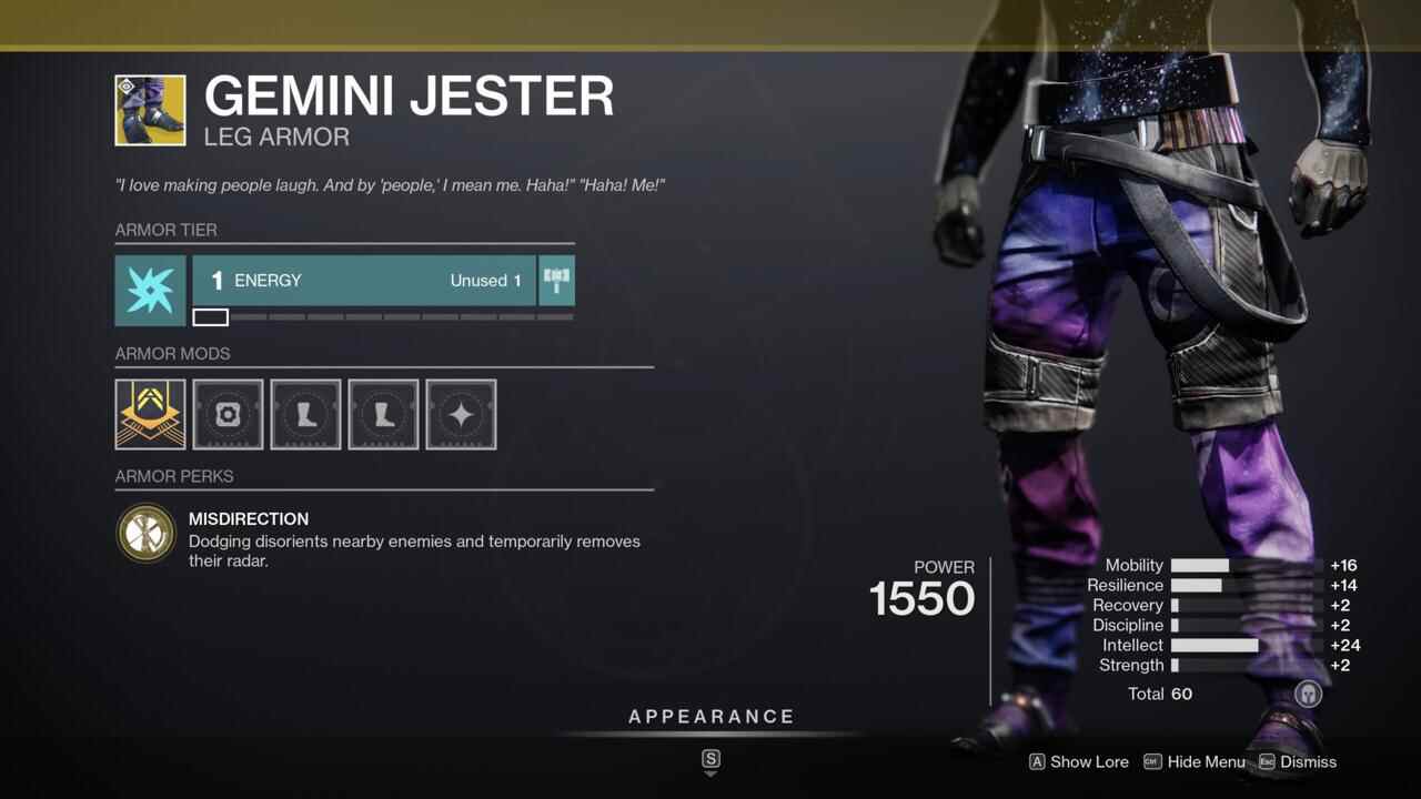 Jouez avec vos ennemis avec Gemini Jester, qui désoriente quiconque se tient trop près lorsque vous utilisez votre esquive.