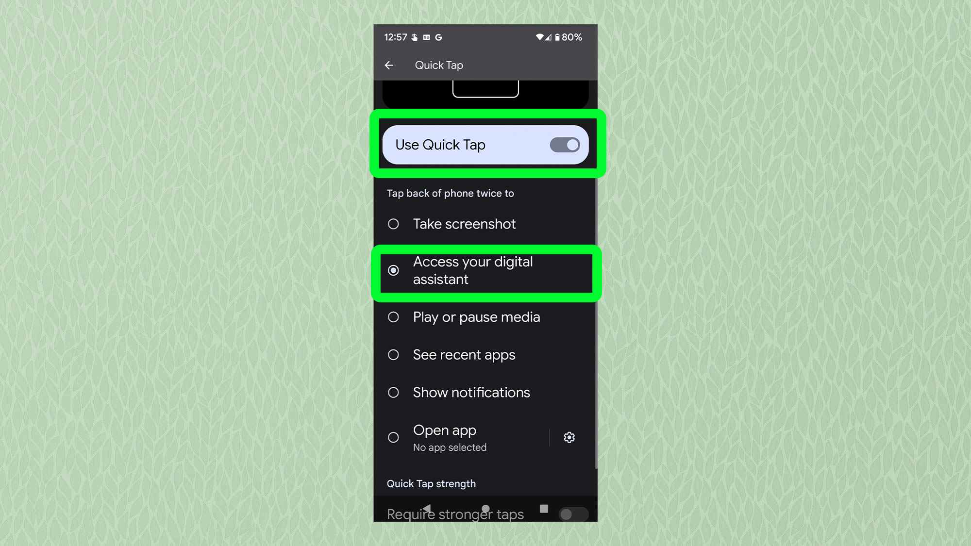 Une capture d'écran d'Android montrant le menu Quick Tap avec 