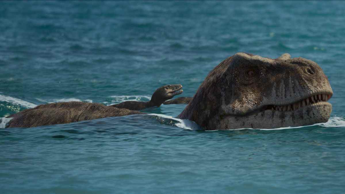 un T. rex nageant avec ses bébés