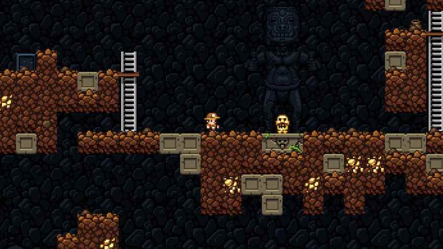 Guy Spelunky près d'un piège à idoles dorées dans les mines