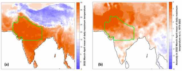 Maximums quotidiens moyens en degrés Celsius en mars et avril (à gauche) et comment ils se comparent à la moyenne de 1979 à 2022 (à droite).  La zone analysée est délimitée en vert.