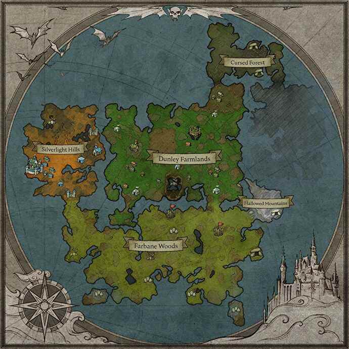 Carte complète de V Rising, montrant les quatre régions principales : Farbane Woods (sud), Dunley Farmlands (nord), Cursed Forest (nord-est) et Silverlight Hills (nord-ouest).