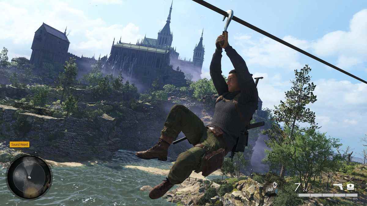 Karl Fairburne utilise une tyrolienne au niveau Château de Sniper Elite 5