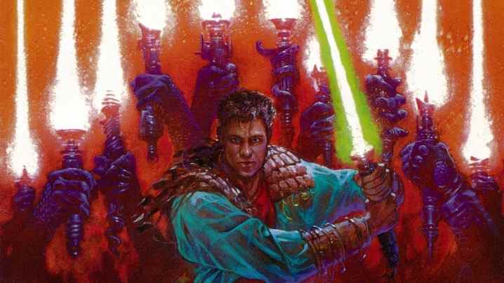 Un Jedi brandissant un sabre laser vert et plus encore en arrière-plan de la bande dessinée Tales of the Jedi.