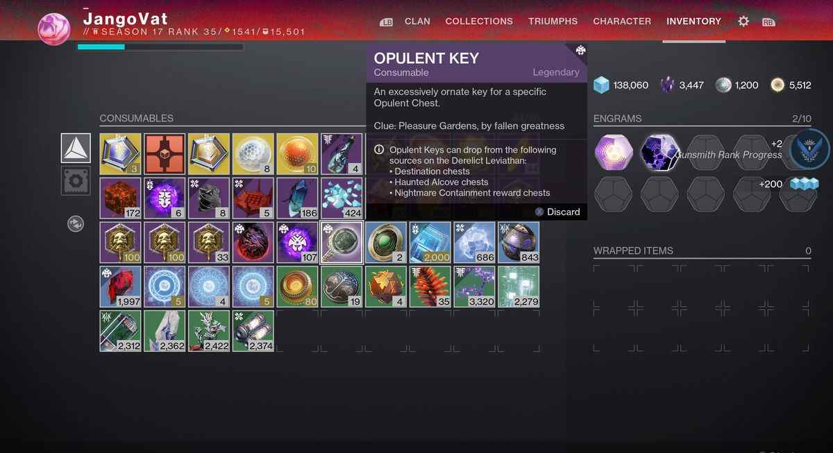 Une clé opulente dans l'inventaire d'un gardien dans Destiny 2 : Season of the Haunted