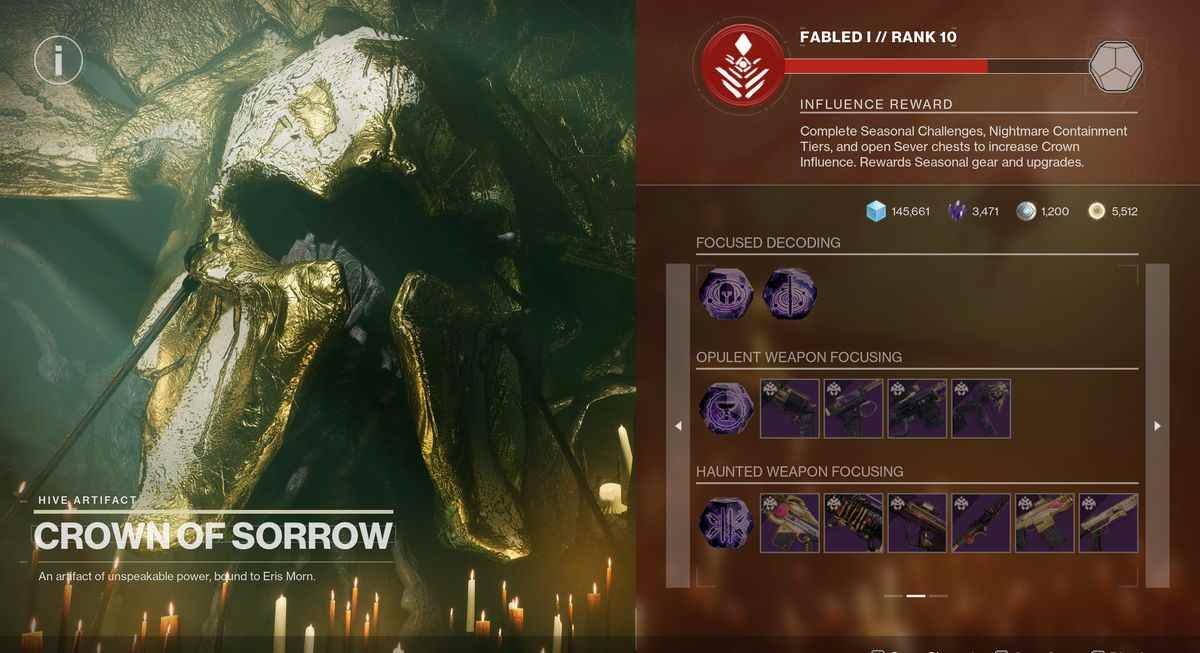 Toutes les armes se concentrant dans l'inventaire Crown of Sorrow dans Destiny 2: Season of the Haunted