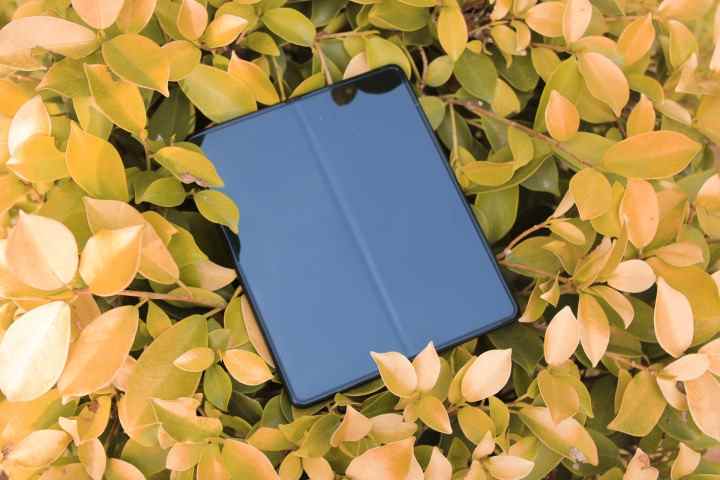 L'écran du Samsung Galaxy Z Fold 3 est éteint et l'appareil est allongé sur des feuilles.