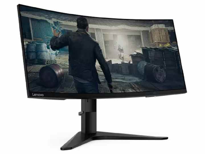 Le moniteur de jeu incurvé ultra-large Lenovo G34w-10, avec un jeu vidéo à l'écran.