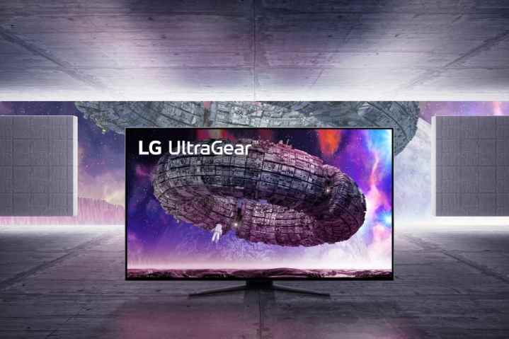 Moniteur LG UltraGear sur fond futuriste.