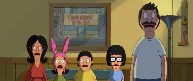 Linda Belcher (voiced by John Roberts), Louise Belcher (voiced by Kristen Schaal), Gene Belcher (voiced by Eugene Mirman), Tina Belcher (voiced by Dan Mintz), and Bob Belcher (voiced by H. Jon Benjamin) in 20th Century Studios' THE BOB'S BURGERS MOVIE. Photo courtesy of 20th Century Studios. © 2022 20th Century Studios. All Rights Reserved.