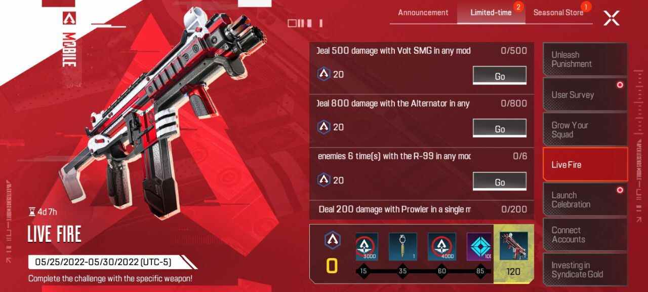 Défis et récompenses de l'événement Live Fire d'Apex Legends Mobile.