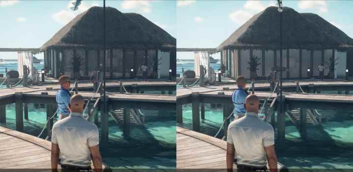 Agent 47 debout aux Maldives dans Hitman 3.