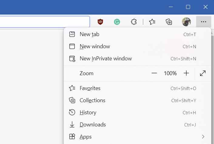 Le menu des paramètres dans Microsoft Edge.