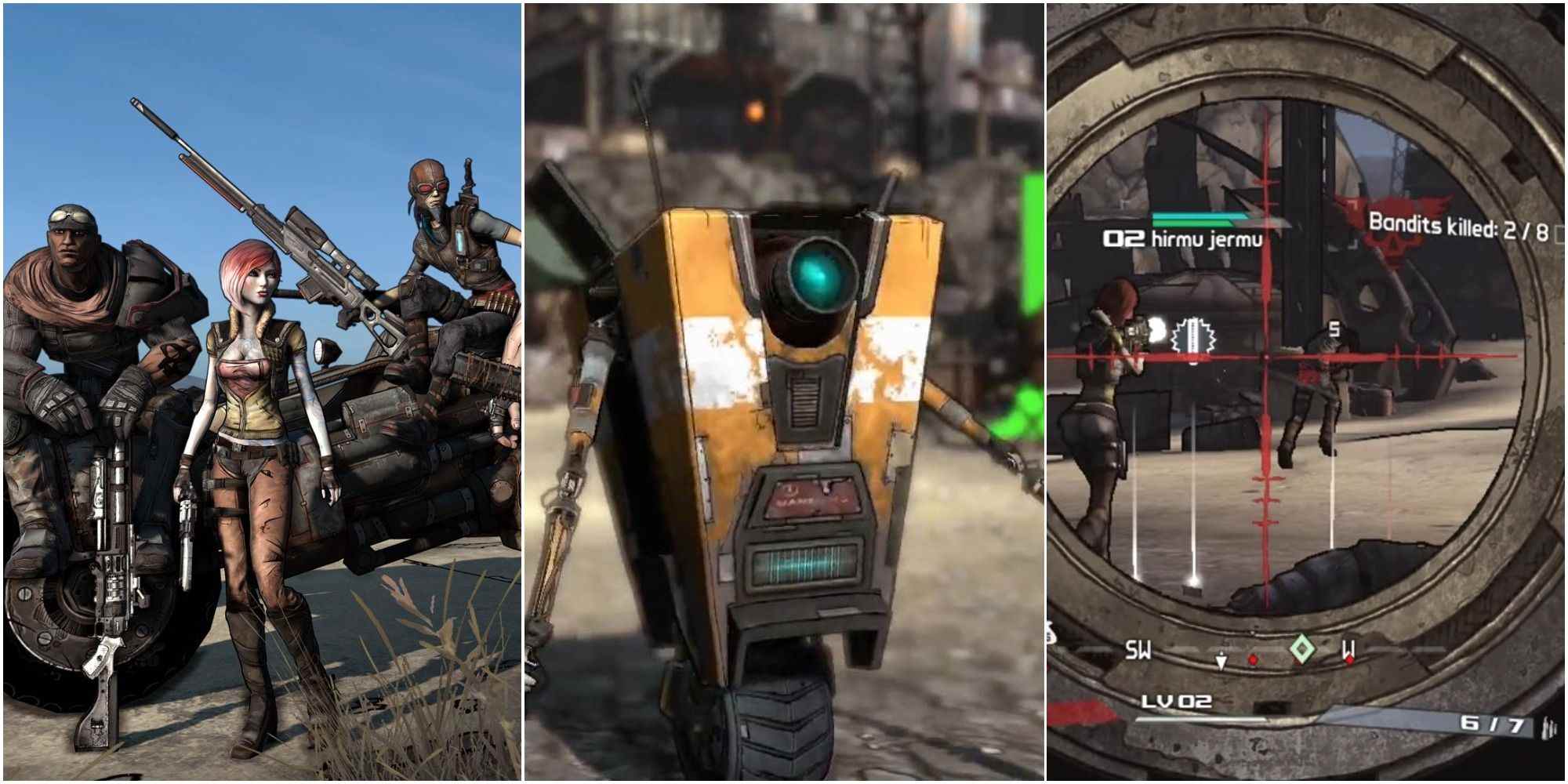 Split image of Vault Hunters, Clap Trap, and scoping Bandit in Borderlands 1