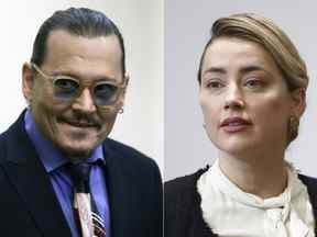 Cette combinaison de deux photos distinctes montre l'acteur Johnny Depp et Amber Heard au tribunal de circuit du comté de Fairfax à Fairfax, en Virginie, le jeudi 5 mai 2022.