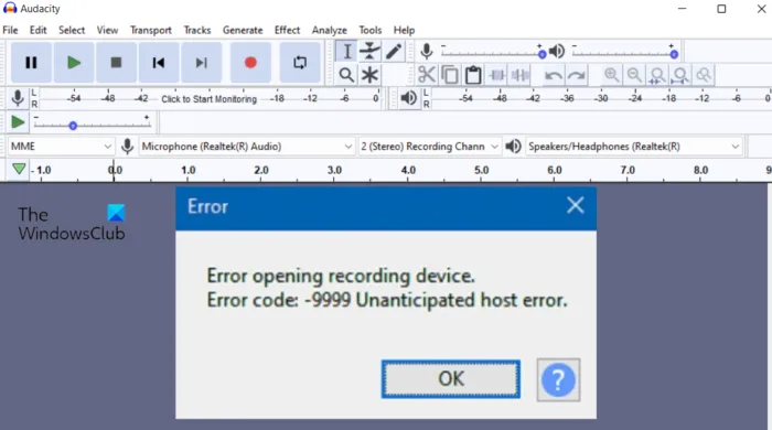 Correction du code d'erreur Audacity 9999 Erreur d'hôte imprévue