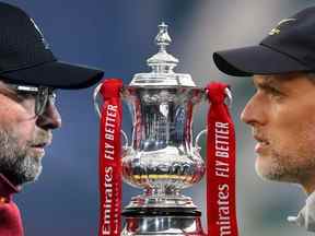 Dans cette image composite, une comparaison a été faite entre Juergen Klopp, manager de Liverpool (L) et Thomas Tuchel, manager de Chelsea.  Chelsea et Liverpool se rencontrent lors de la finale de la FA Cup masculine le 14 mai 2022 au stade de Wembley à Londres, en Angleterre.