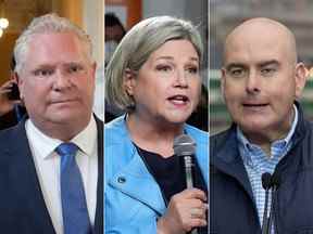 De gauche à droite : le chef progressiste-conservateur de l'Ontario Doug Ford, le chef du NPD de l'Ontario Andrea Horwath et le chef libéral de l'Ontario Steven Del Duca.