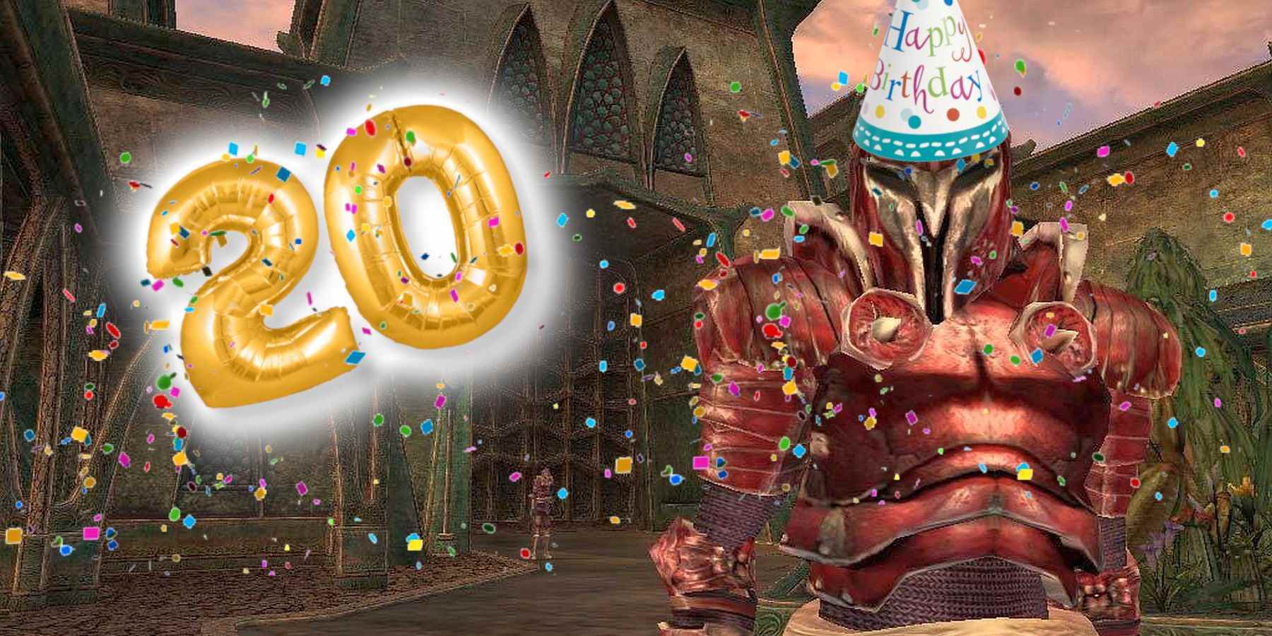 Image of a Morrowind Tribunal guard wearing a party hat with the number 20 next to them.