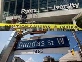 En haut : Des travailleurs remplacent une enseigne de l'Université Ryerson après que l'établissement a annoncé qu'il changeait son nom pour Toronto Metropolitan University, à Toronto, le 26 avril. En bas : Dundas Street à Toronto.