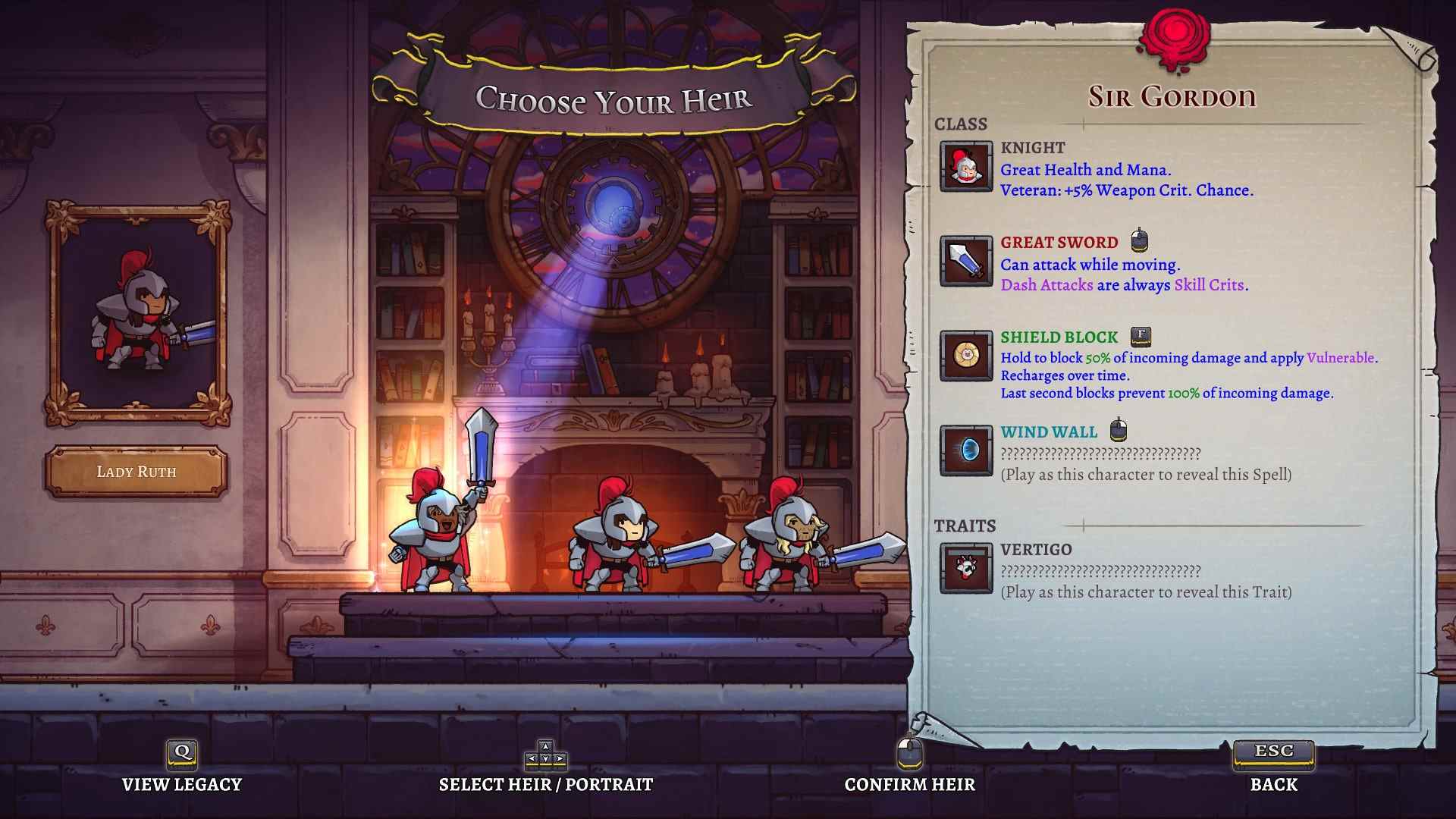 Rogue Legacy 2 écran de sélection de personnage généalogie descendant famille horreur conscription lavage de cerveau malédiction condamné à mourir par la force Cellar Door Games