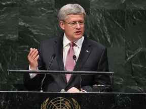 Le premier ministre du Canada Stephen Harper s'adresse à la 69e session de l'Assemblée générale des Nations Unies aux Nations Unies à New York le 25 septembre 2014.