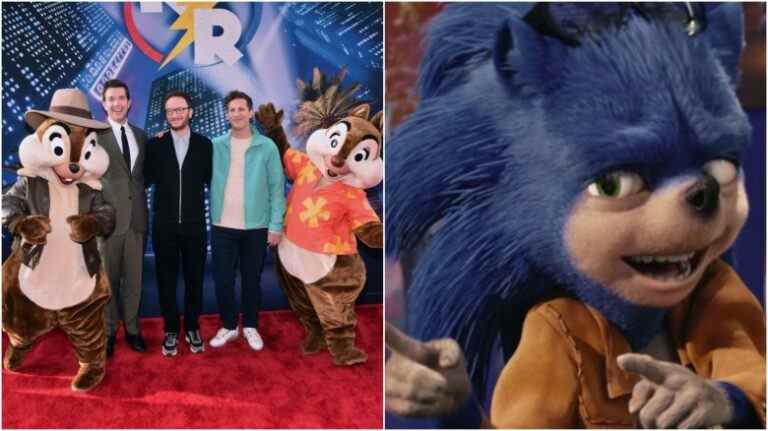 John Mulaney, Akiva Schaffer, Andy Samberg, and Ugly Sonic of Chip n Dale: Rescue Rangers