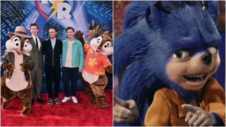 John Mulaney, Akiva Schaffer, Andy Samberg, and Ugly Sonic of Chip n Dale: Rescue Rangers