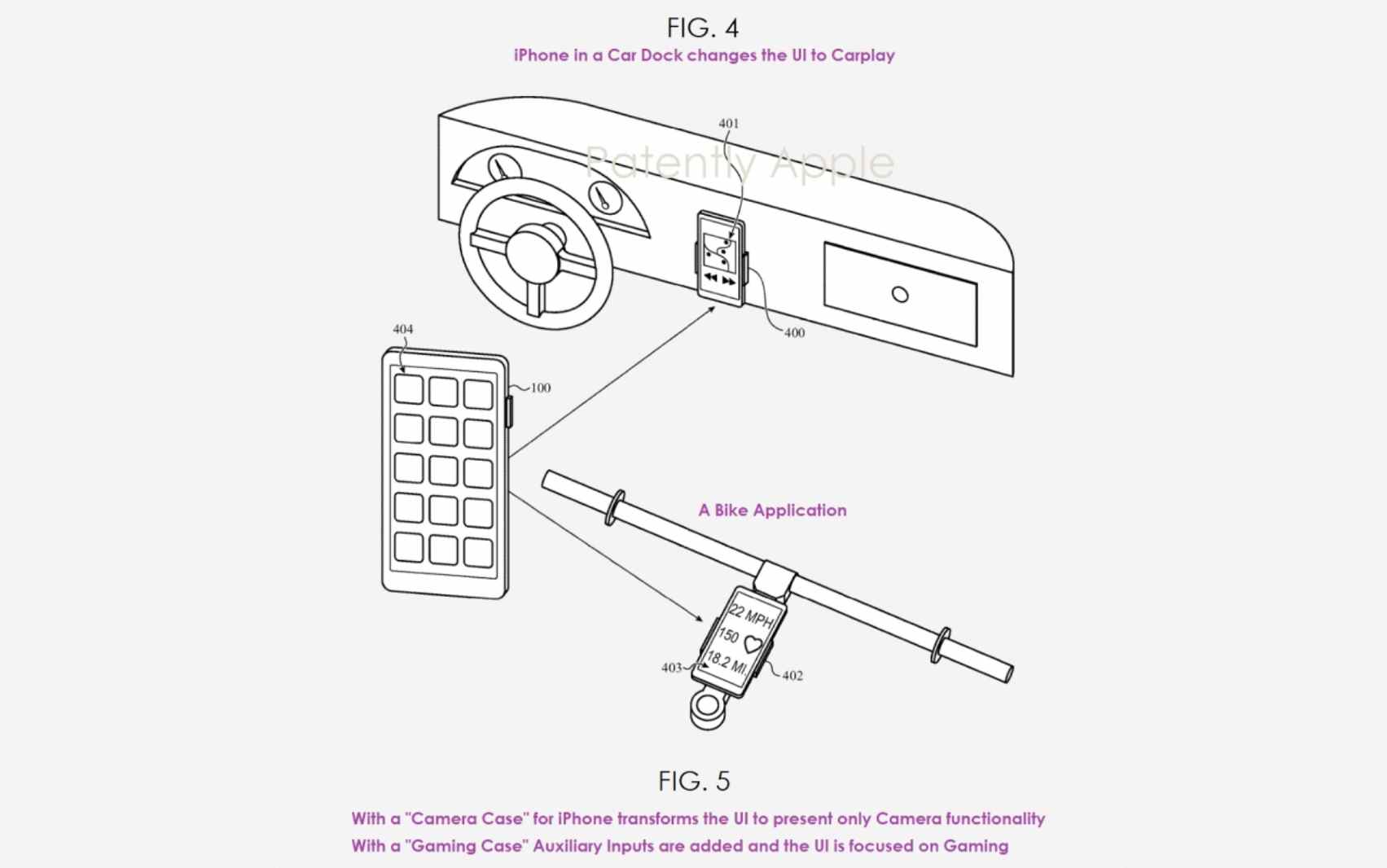 Illustration de brevet d'étui pour iPhone montrant un étui de voiture et un étui de vélo