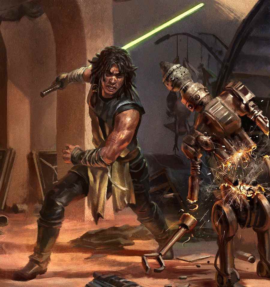 Le Jedi Quinlan Vos découpe un droïde avec son sabre laser.  Il porte des vêtements sombres qui exposent ses bras musclés et tatoués et ses cheveux en locs.