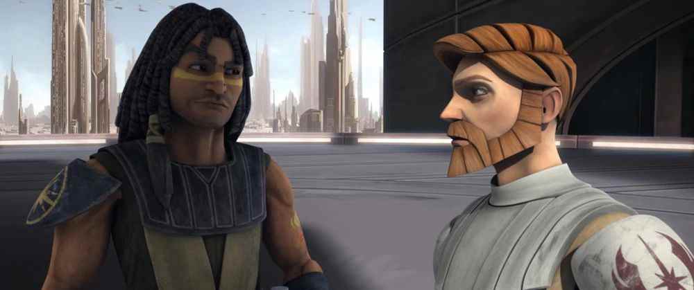 Quinlan Vos et Obi-Wan Kenobi sur Coruscant dans Clone Wars.  Obi-Wan porte des robes Jedi traditionnelles, tandis que Quinlan porte une armure plus sombre et plus méli-mélo. 