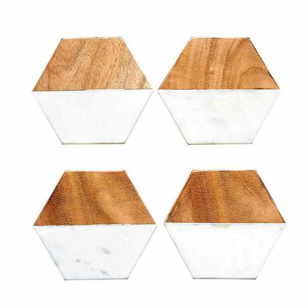 Creative Co-Op Ensemble de sous-verres en marbre et bois Hexagon