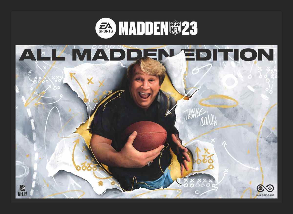 couverture de Madden NFL 23's All Madden Edition, avec des illustrations inspirées de la couverture de John Madden Football de 1988 dans laquelle John Madden éclate à travers du papier portant un ballon de football