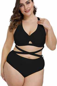 Kisscynest Maillot de bain 2 pièces taille haute pour femme