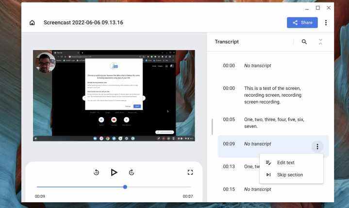 Modification d'une transcription dans Screenchat sur Chromebook.