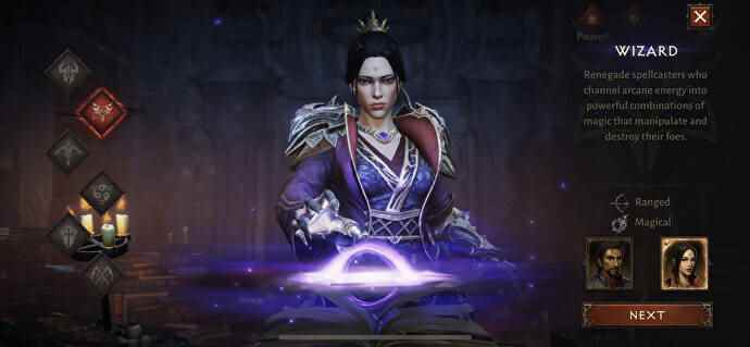 La classe Wizard de Diablo Immortal lance un orbe de magie violette devant eux