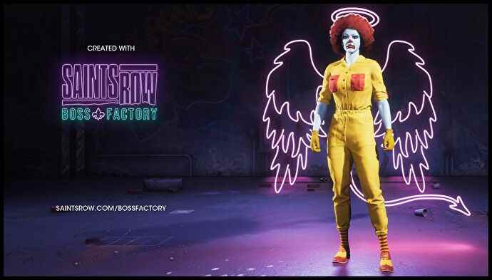 Un patron de la Saints Row Boss Factory : une femme déguisée en Ronald McDonald