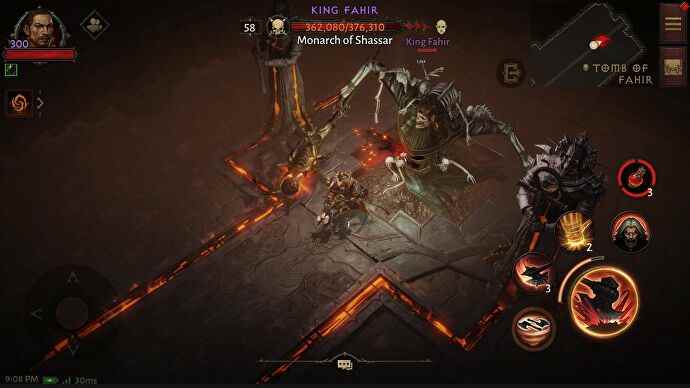 Diablo Immortal Barbarian balançant une hache sur le roi Fahir, monarque de Shassar, un boss démoniaque dans la tombe de Fahir.