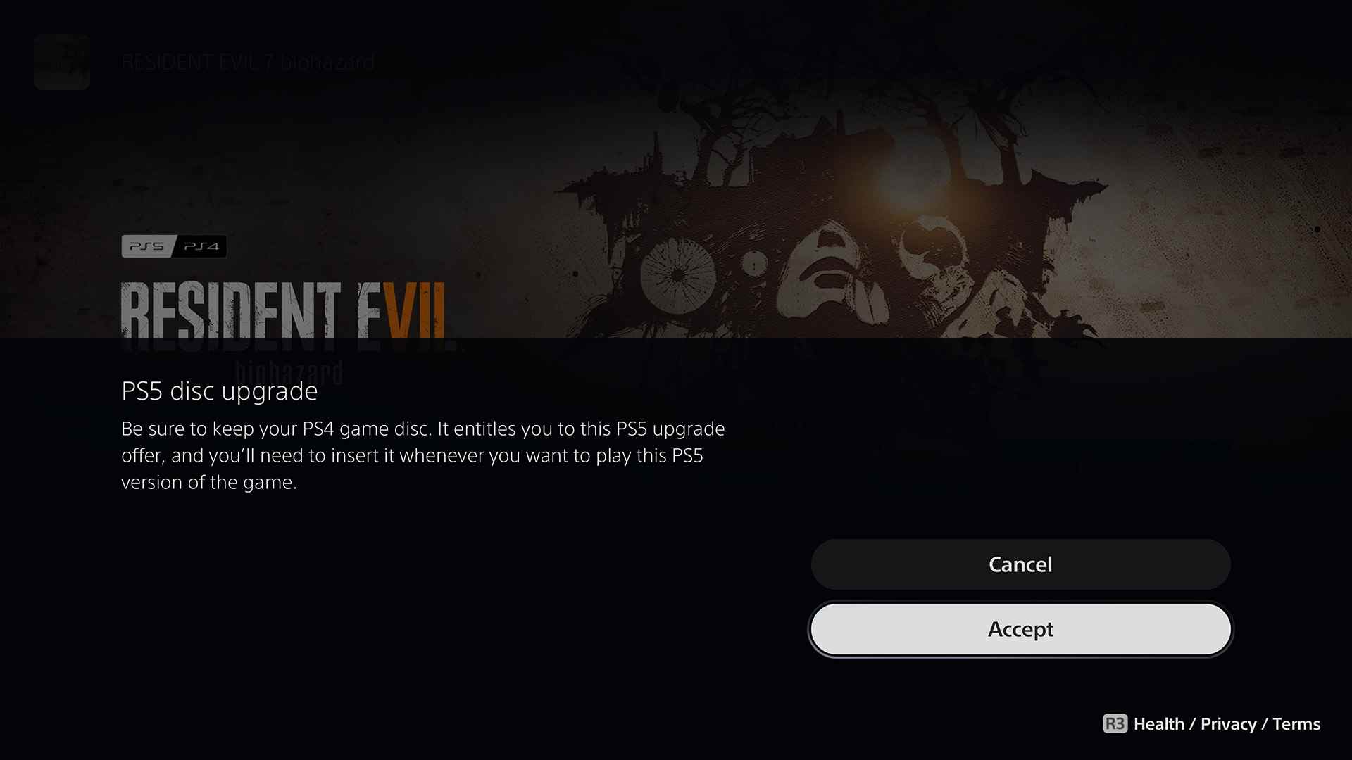 Mise à niveau du disque RE7 PS5