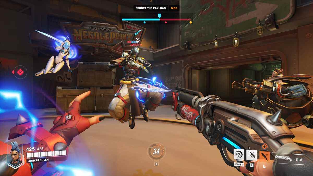 Junker Queen se souvient de son couteau à l'aide d'un gant magnétique alors qu'elle fait face à Zenyatta et Echo à Junkertown dans une capture d'écran d'Overwatch 2