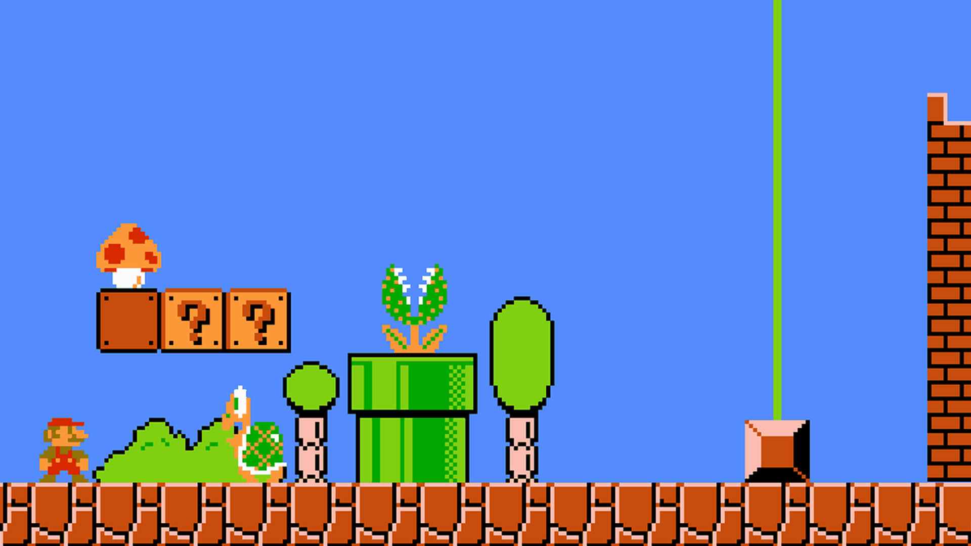 Mario se déplaçant à travers un niveau coloré dans Super Mario Bros.