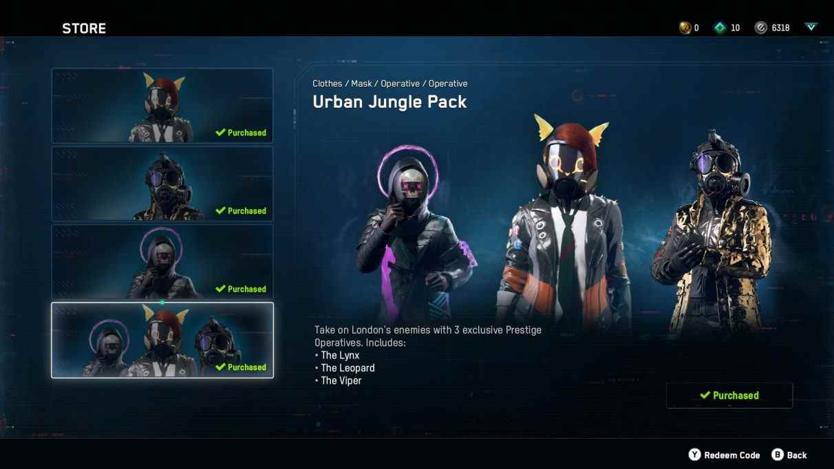 Agents uniques dans le magasin de microtransaction Watch Dogs: Legion.