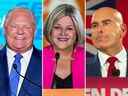 De gauche à droite, le chef du PC Doug Ford, la chef du NPD Andrea Horwath et le chef libéral Steven Del Duca parlent aux partisans des résultats des élections en Ontario le jeudi 2 juin 2022.