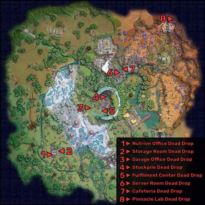 La carte Crescent Falls dans The Cycle: Frontier, avec les emplacements de toutes les chutes mortes marqués.